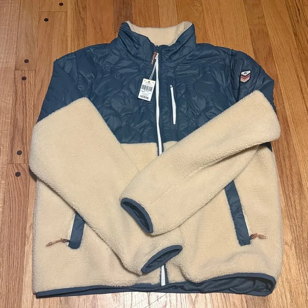 NEW Marine Layer Orion Blue & Natural Quilted Bariloche Sherpa Jacket Size XL